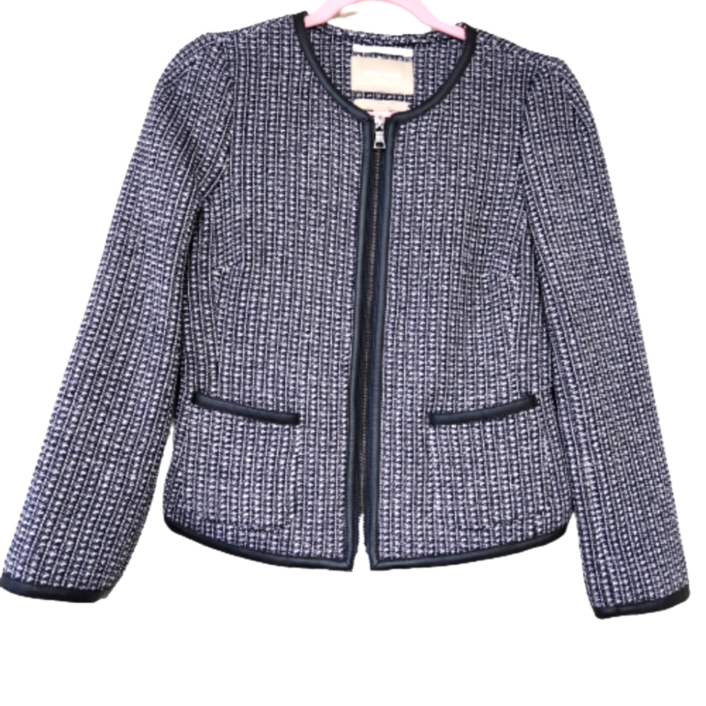 BANANA REPUBLIC Faux Leather Trim Sparkle Tweed Black White Jacket Size 4 #0382